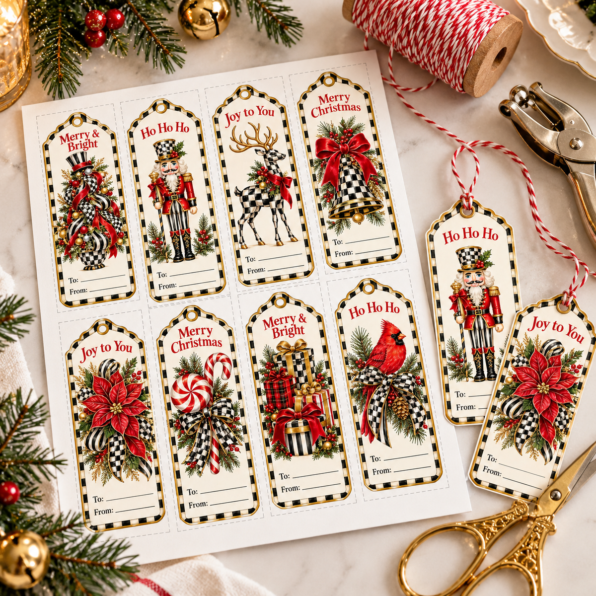 Printed sheet of 8 checkered Christmas gift tags with scissors, hole punch and red and white baker's twine
