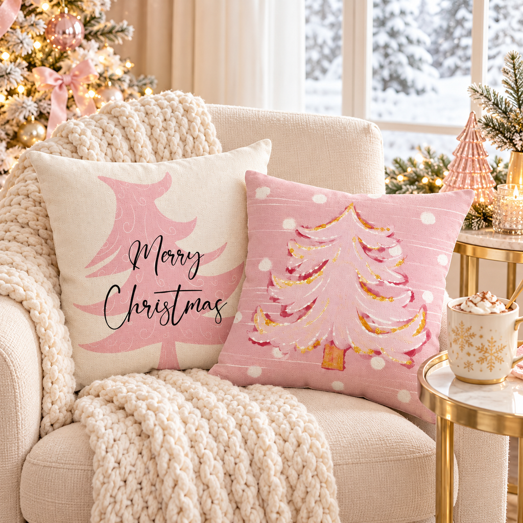 Merry Christmas tree and frosted pink tree pillow covers on a cream armchair with a chunky knit throw