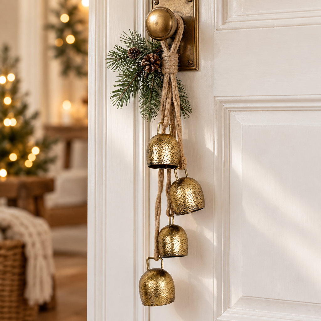Rustic gold bell hanger on a white farmhouse door