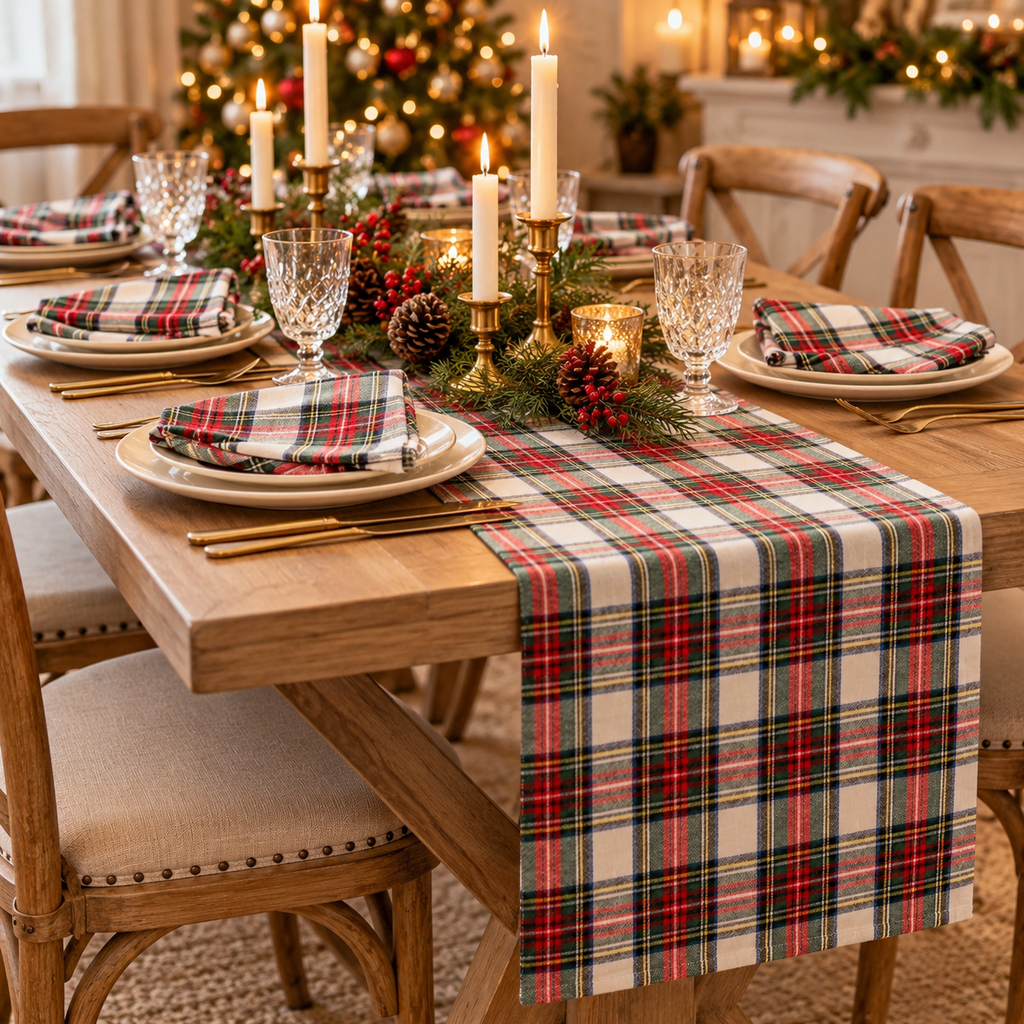 Christmas dinner table with red, green and cream tartan plaid table runner, matching napkins and brass candlesticks
