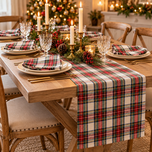 Christmas dinner table with red, green and cream tartan plaid table runner, matching napkins and brass candlesticks
