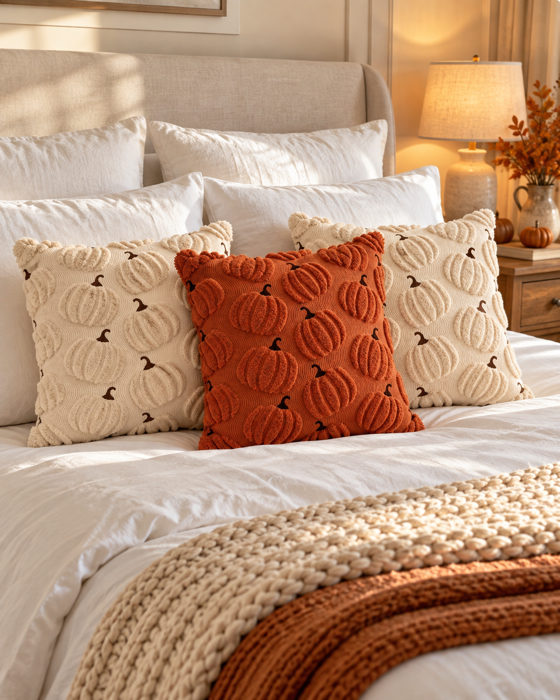 Beige and rust red textured pumpkin pillow covers on a bed with white linen bedding and a knit blanket
