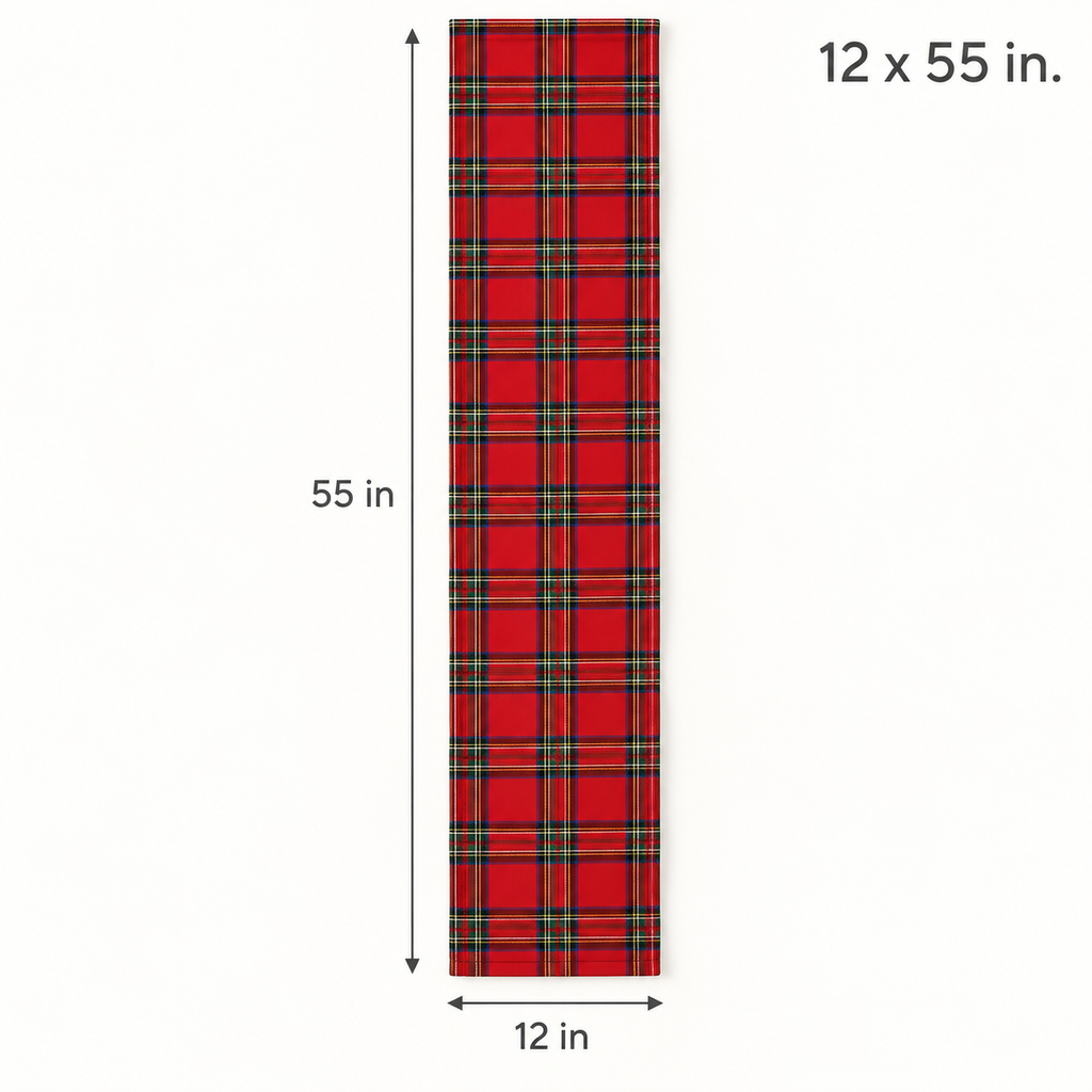 Red tartan Christmas table runner size guide, 12 x 55 inches