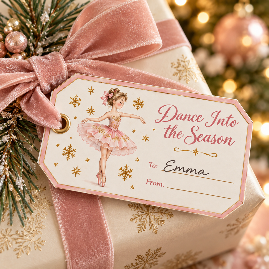 Close-up of Dance Into the Season ballerina printable gift tag with a handwritten name tied on a cream Christmas gift