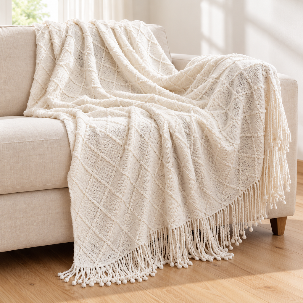 Cream diamond knit throw blanket with tassels