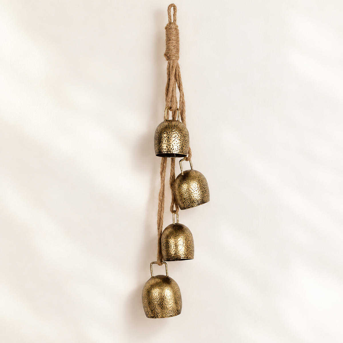Jute rope hanger with 4 antique gold metal Christmas bells