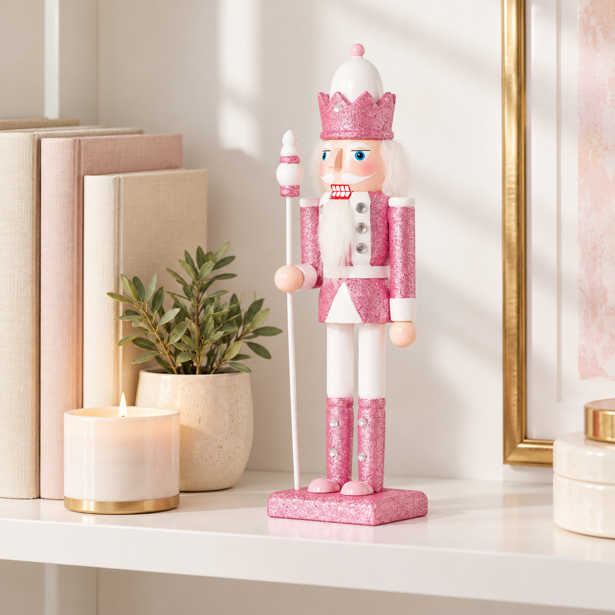 Pink and white glitter nutcracker with scepter on a white bookshelf beside books, a candle and a plant to show its 12 inch size