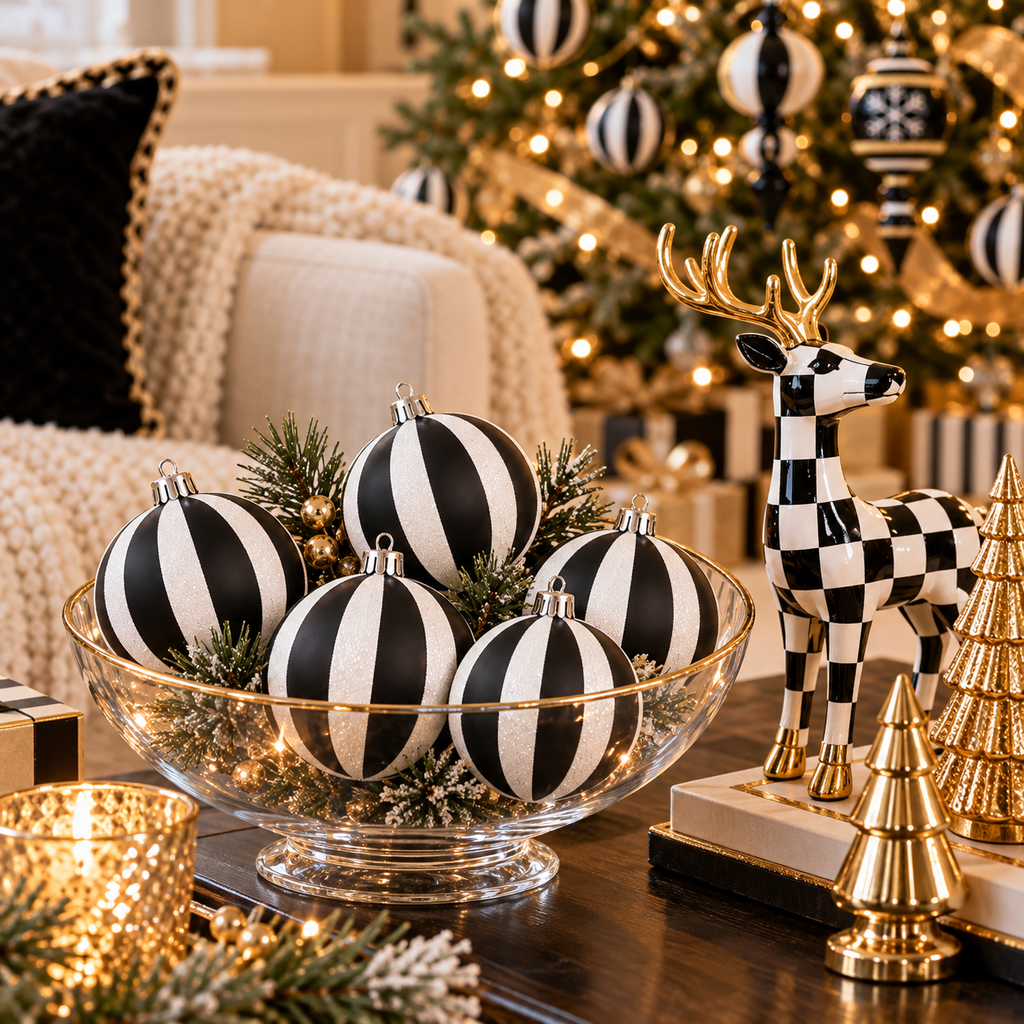 Glass bowl of black and white striped Christmas ball ornaments beside a checkered deer figurine and gold tabletop trees