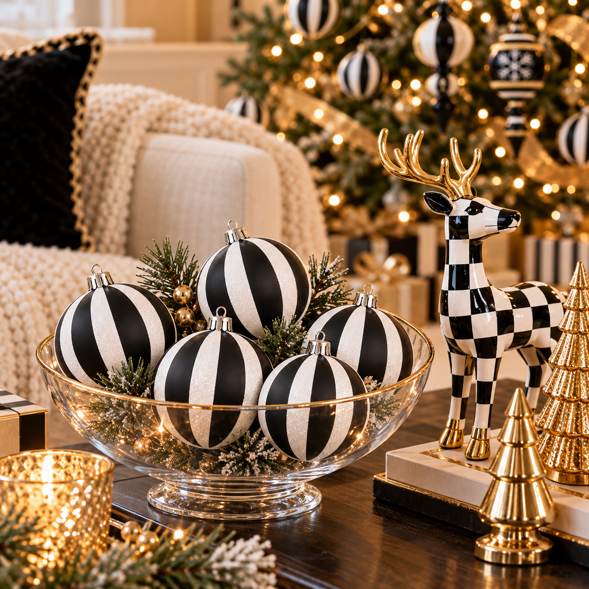 Glass bowl of black and white striped Christmas ball ornaments beside a checkered deer figurine and gold tabletop trees