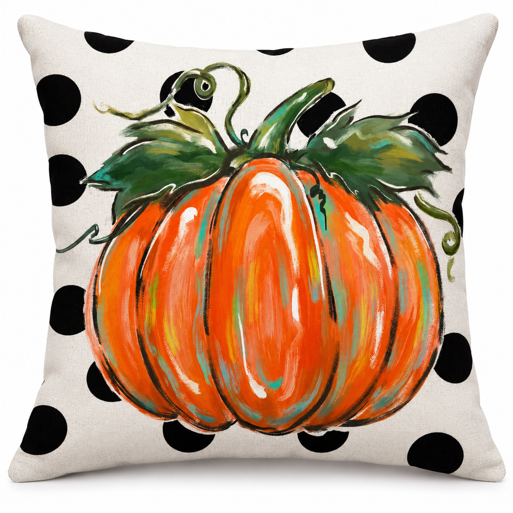 Polka dot pumpkin throw pillow cover on a white background showing the painted orange pumpkin design