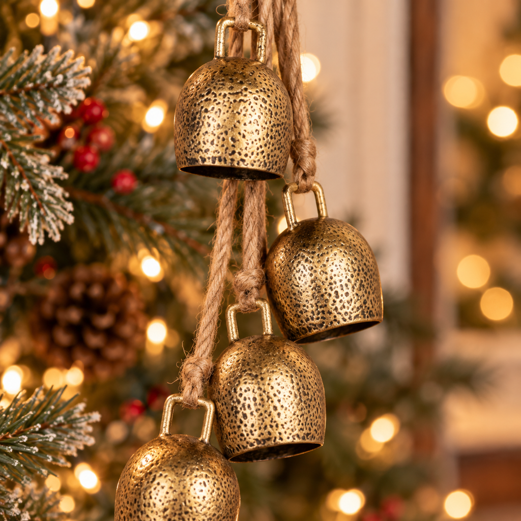 Close-up of antique gold textured metal bells on jute rope