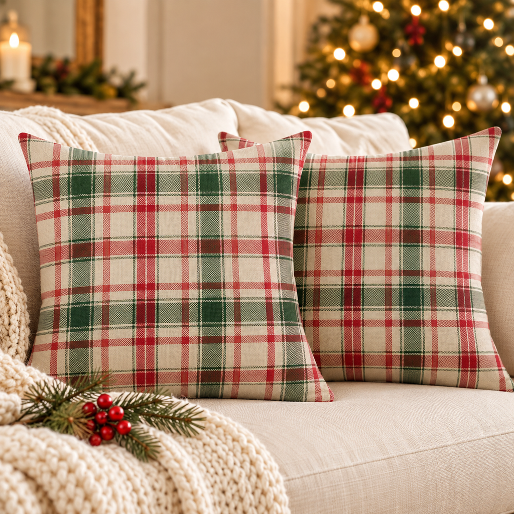 Light Cream & Red Check Christmas pillow covers, set of 2, on a cream sofa