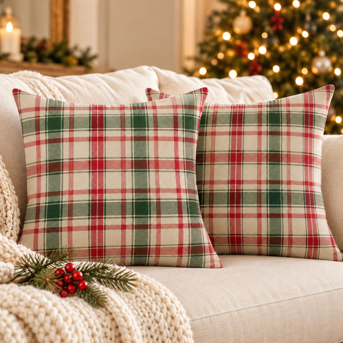 Light Cream & Red Check Christmas pillow covers, set of 2, on a cream sofa