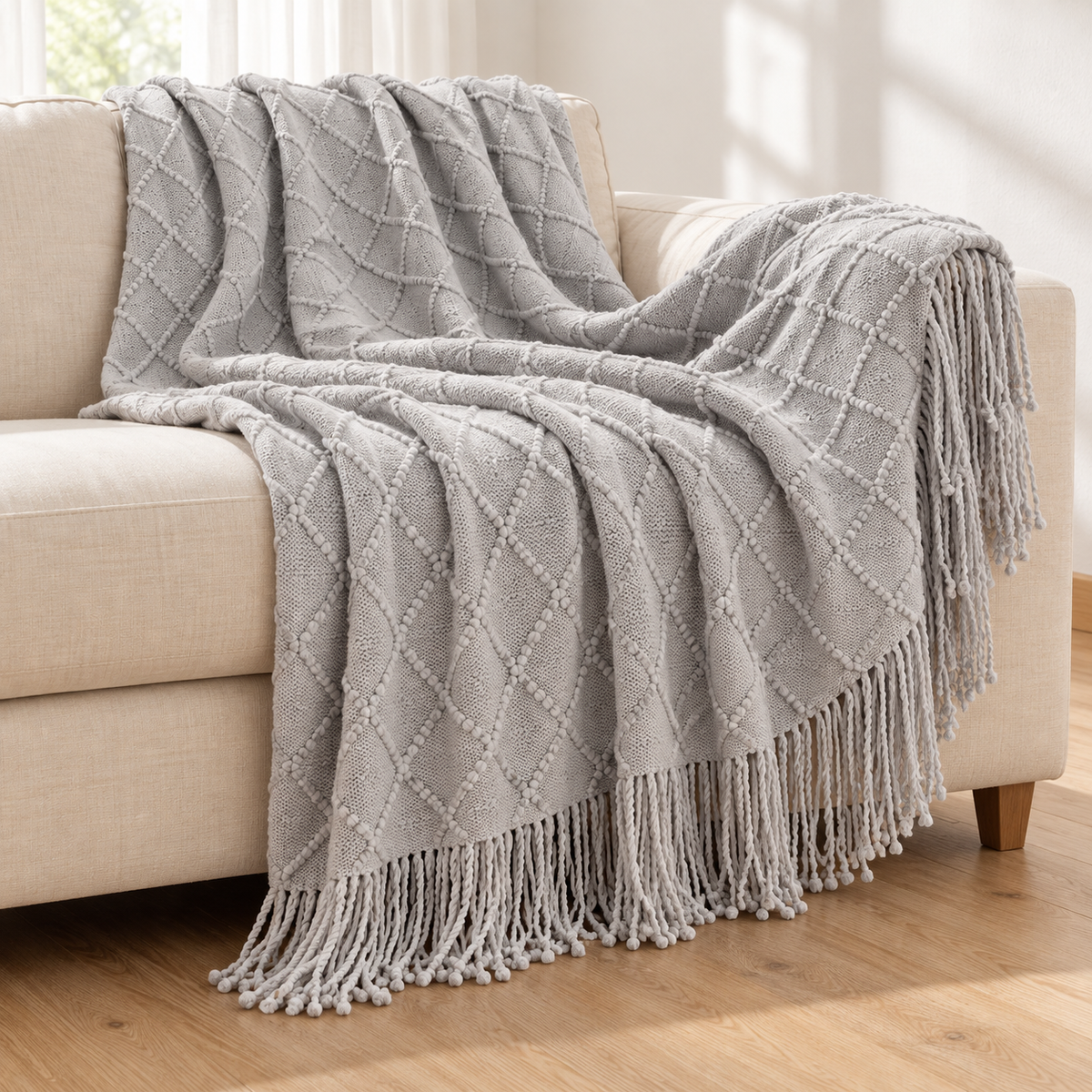 Dove Grey diamond knit throw blanket with tassels