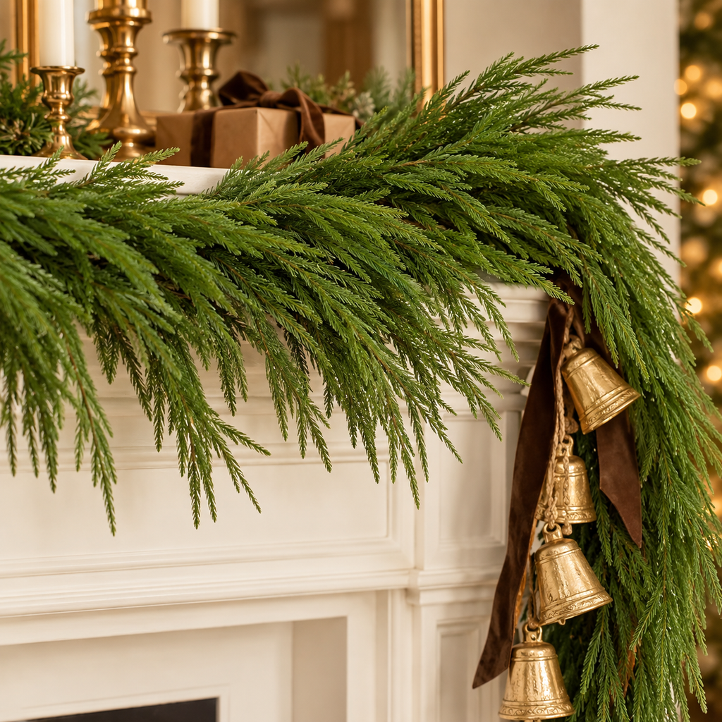 Close-up of soft, realistic Norfolk pine needles draping over a white mantel with gold bells