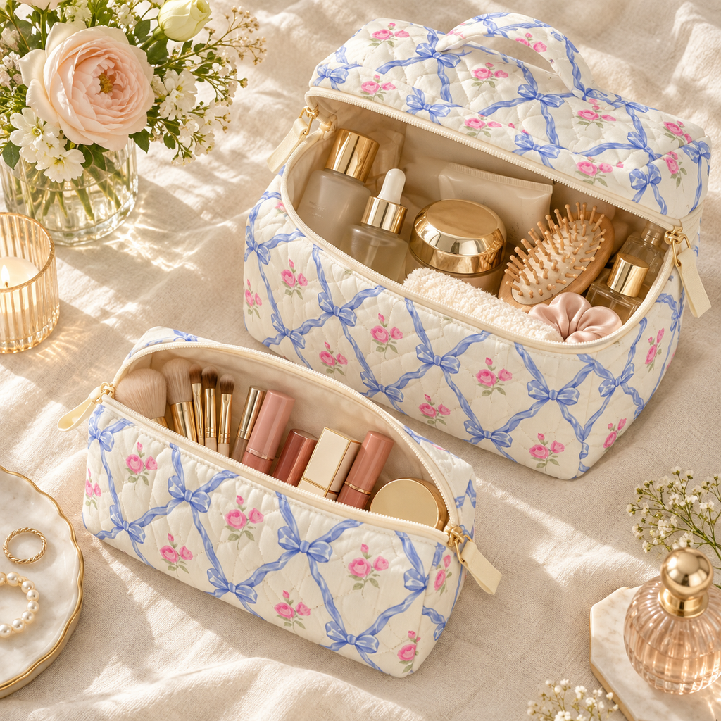 Two blue bow and rose quilted makeup bags open on a vanity, filled with makeup, brushes and skincare