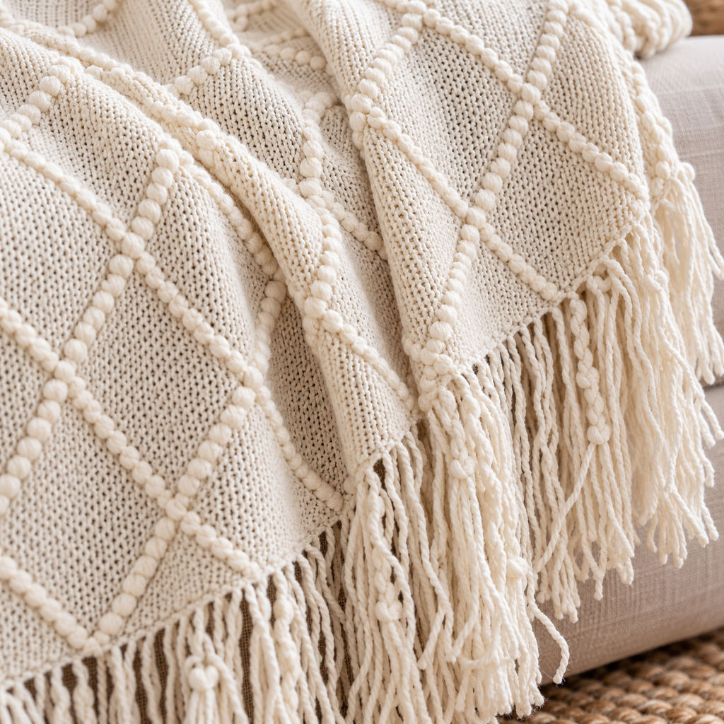 Soft diamond knit throw blanket with tassel fringe for sofa or bed