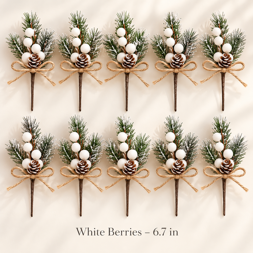 Frosted pine picks with white berries, 6.7 inches