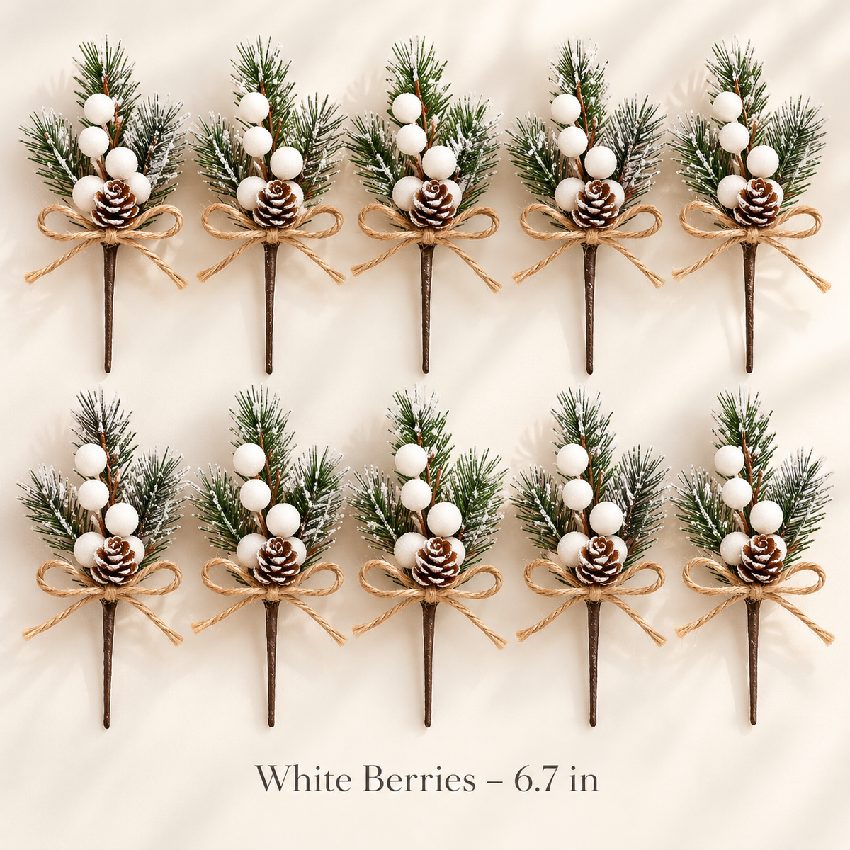 Frosted pine picks with white berries, 6.7 inches