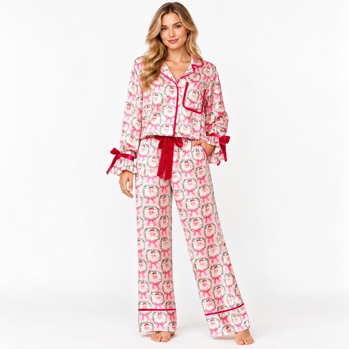 Pink Santa wreath satin pajama set with raspberry velvet tie waist and bow cuffs, front view
