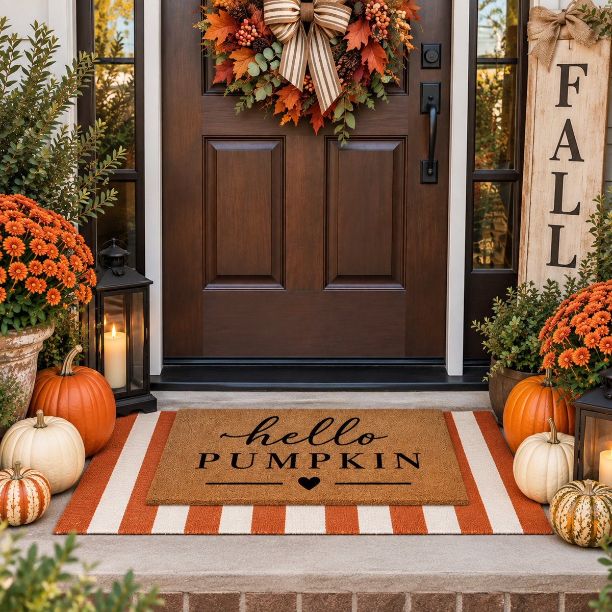 A fall-themed front porch scene with a brown wooden door, a striped orange-and-white doormat reading 'hello PUMPKIN,' pumpkins, orange flowers, lanterns, and a tall vertical 'FALL' sign.