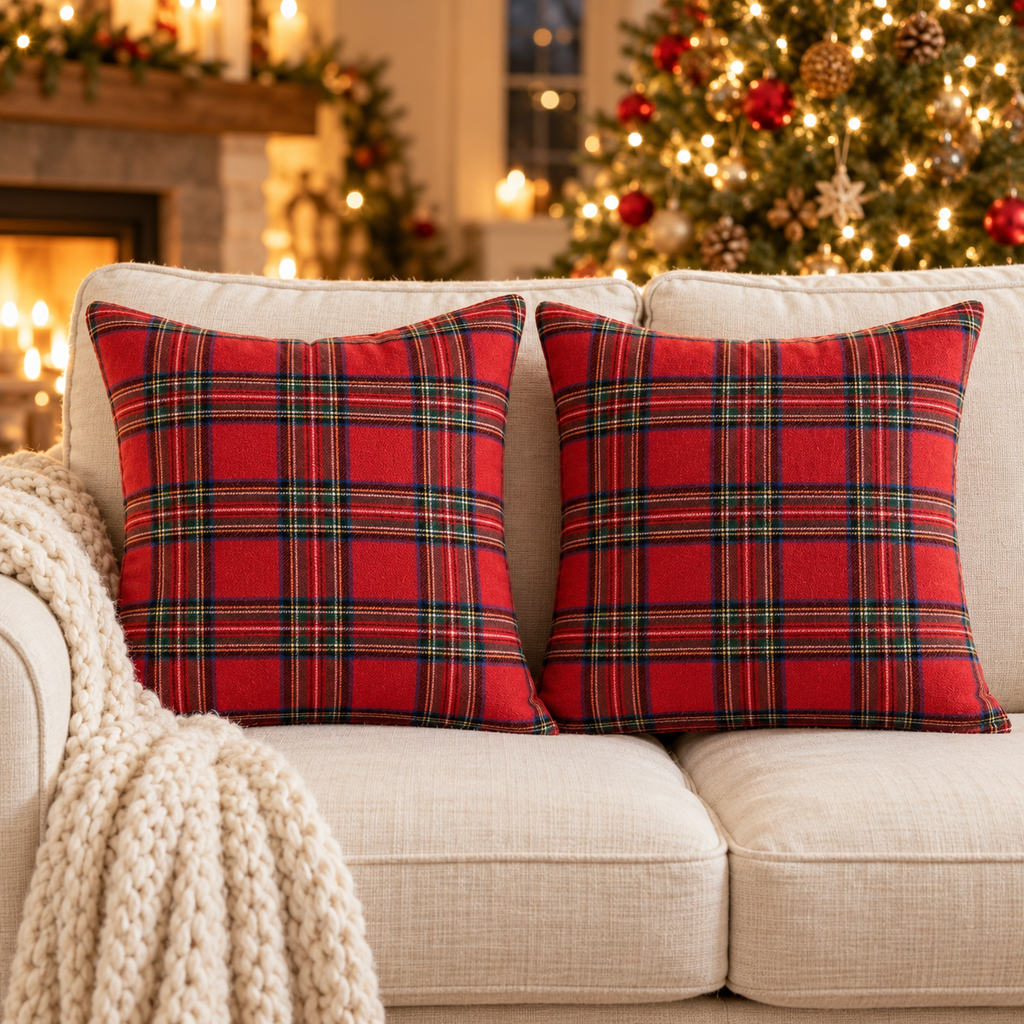 Set of 2 red tartan plaid Christmas throw pillow covers on a cream sofa with a knit throw and lit Christmas tree