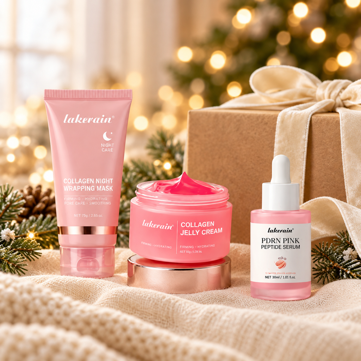 Deluxe Glow Gift Set with night wrapping mask, jelly cream, peptide serum and brush