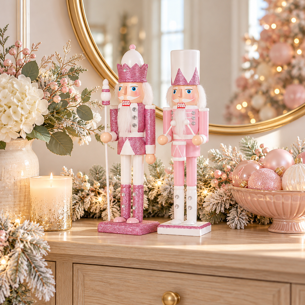 Pink and white Christmas nutcrackers on a wood entryway console with a round gold mirror, white flowers and pastel ornaments