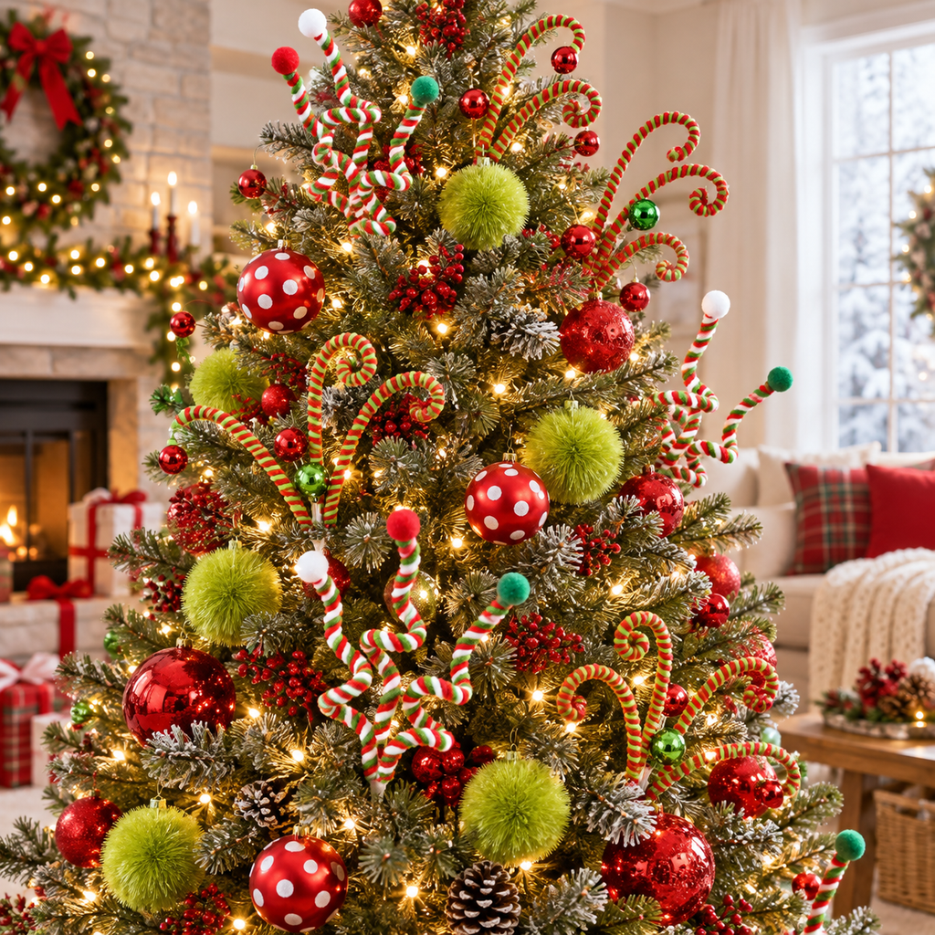 Whimsical Christmas tree decorated with red, white and green candy cane picks, lime green pom-poms and red polka dot ornaments