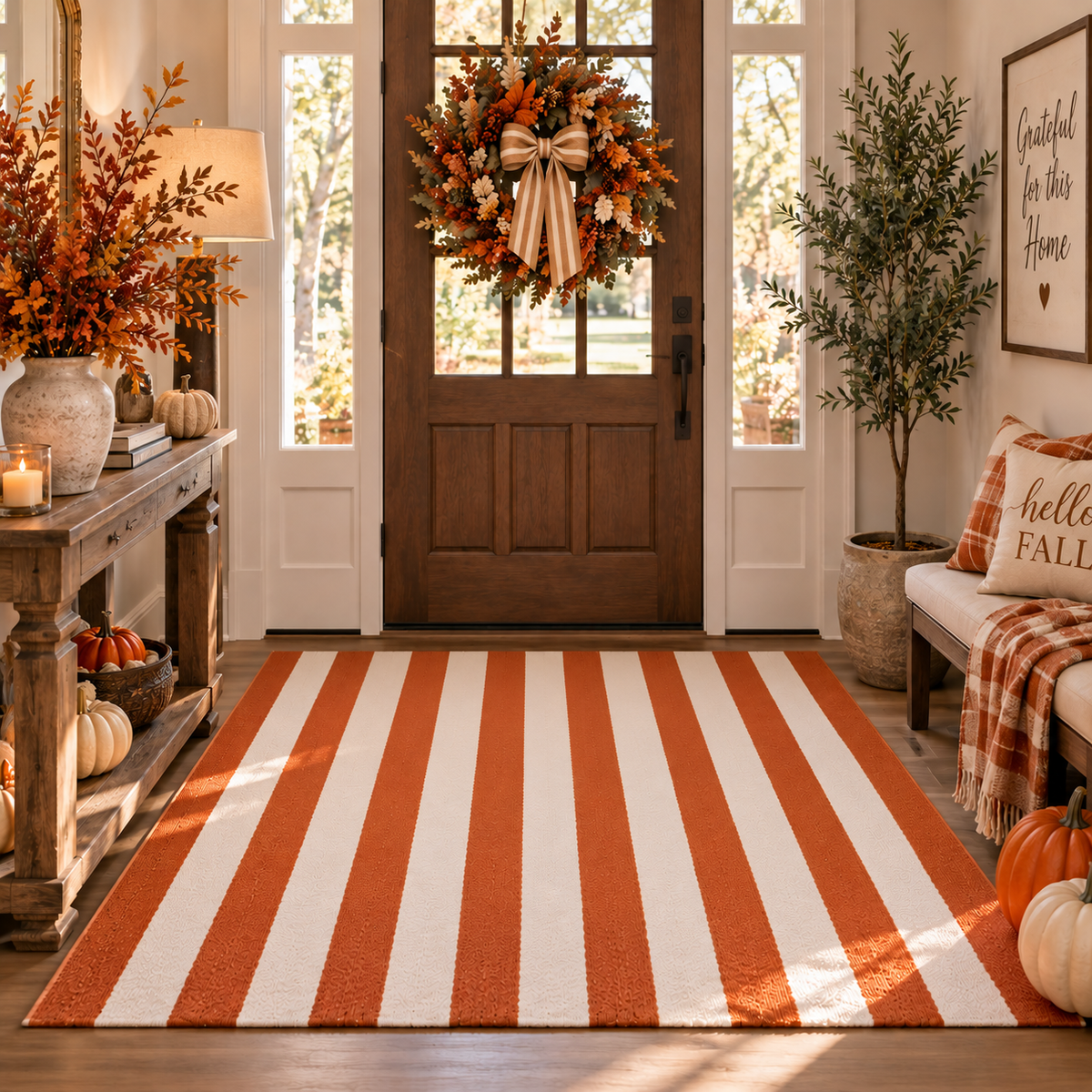 A rectangular area rug with bold orange and white vertical stripes is displayed in a cozy, decorated autumn entryway with a wooden door, wreath, pumpkins, and a bench.