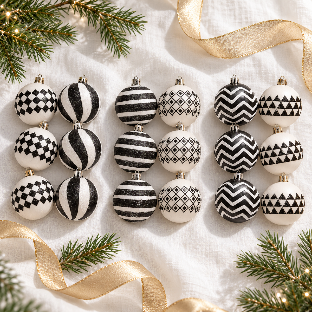 Flat lay of three black and white glitter ornament sets: Harlequin and Swirl, Stripe and Diamond, and Zigzag and Triangle, on white linen with pine and gold ribbon