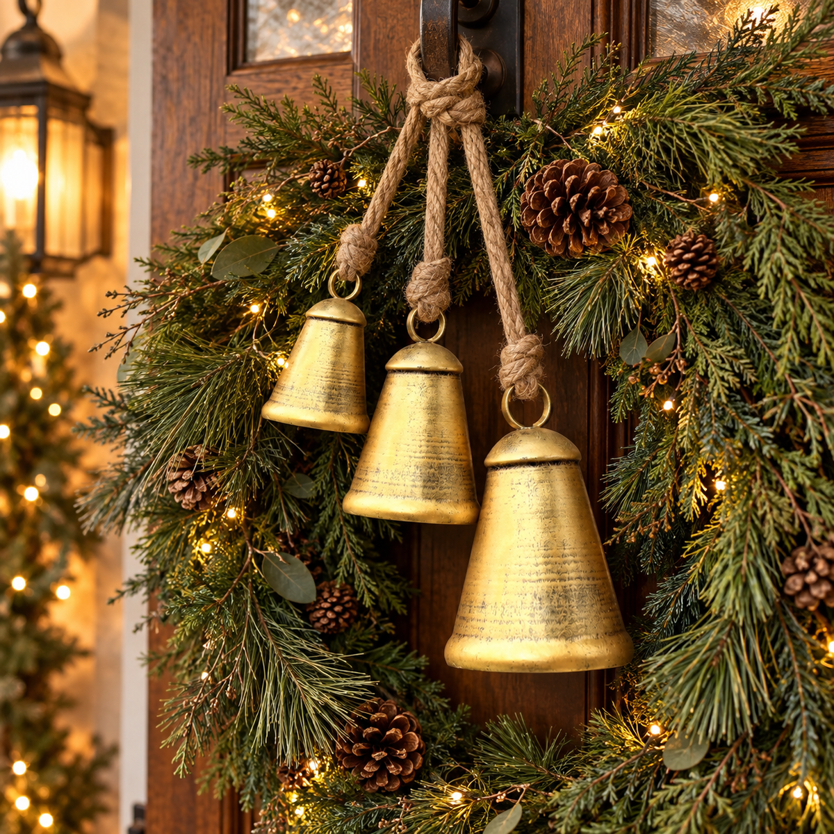 Three vintage gold Christmas bells with jute rope hanging on a pine wreath on a front door