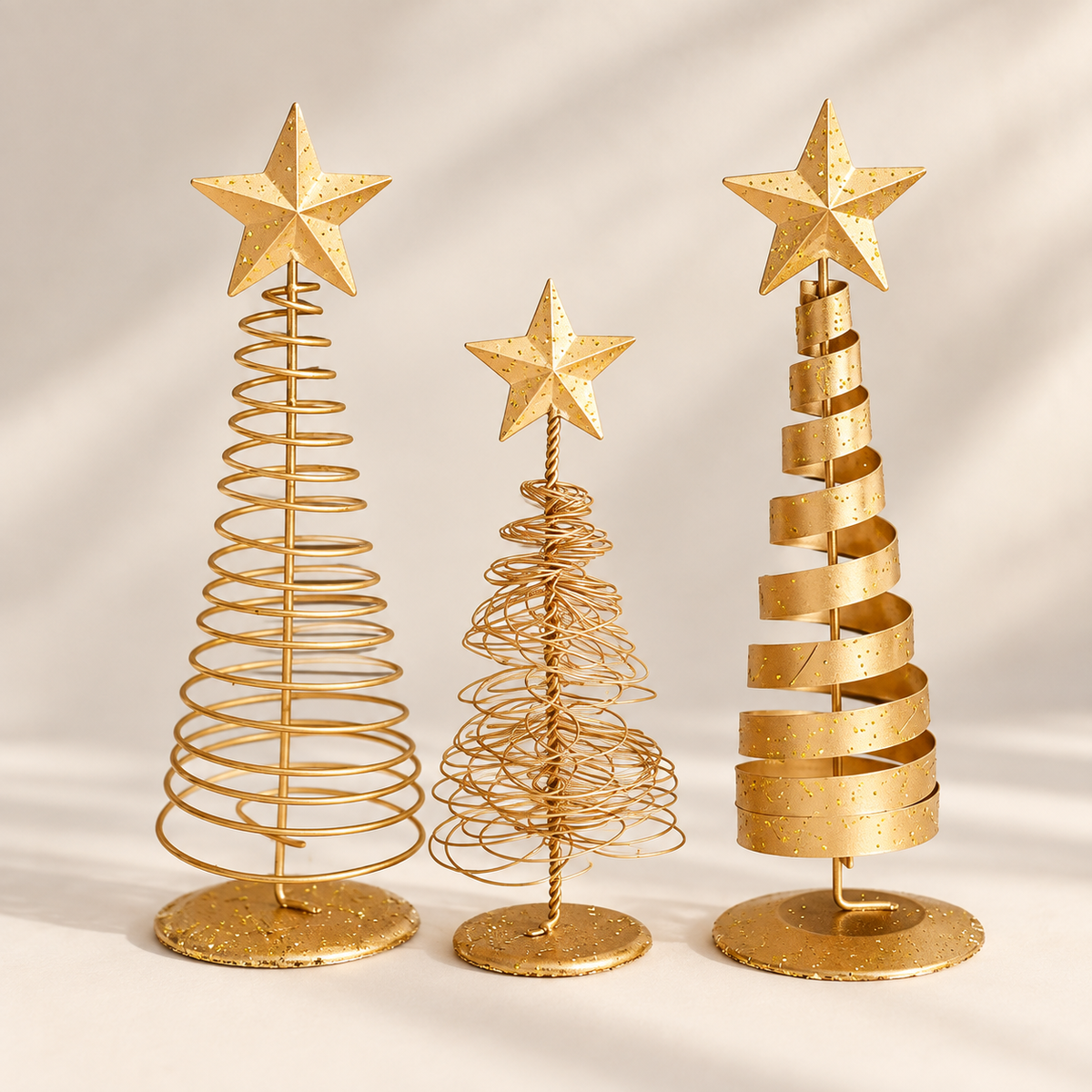 Set of 3 gold spiral wire tabletop Christmas trees with star toppers