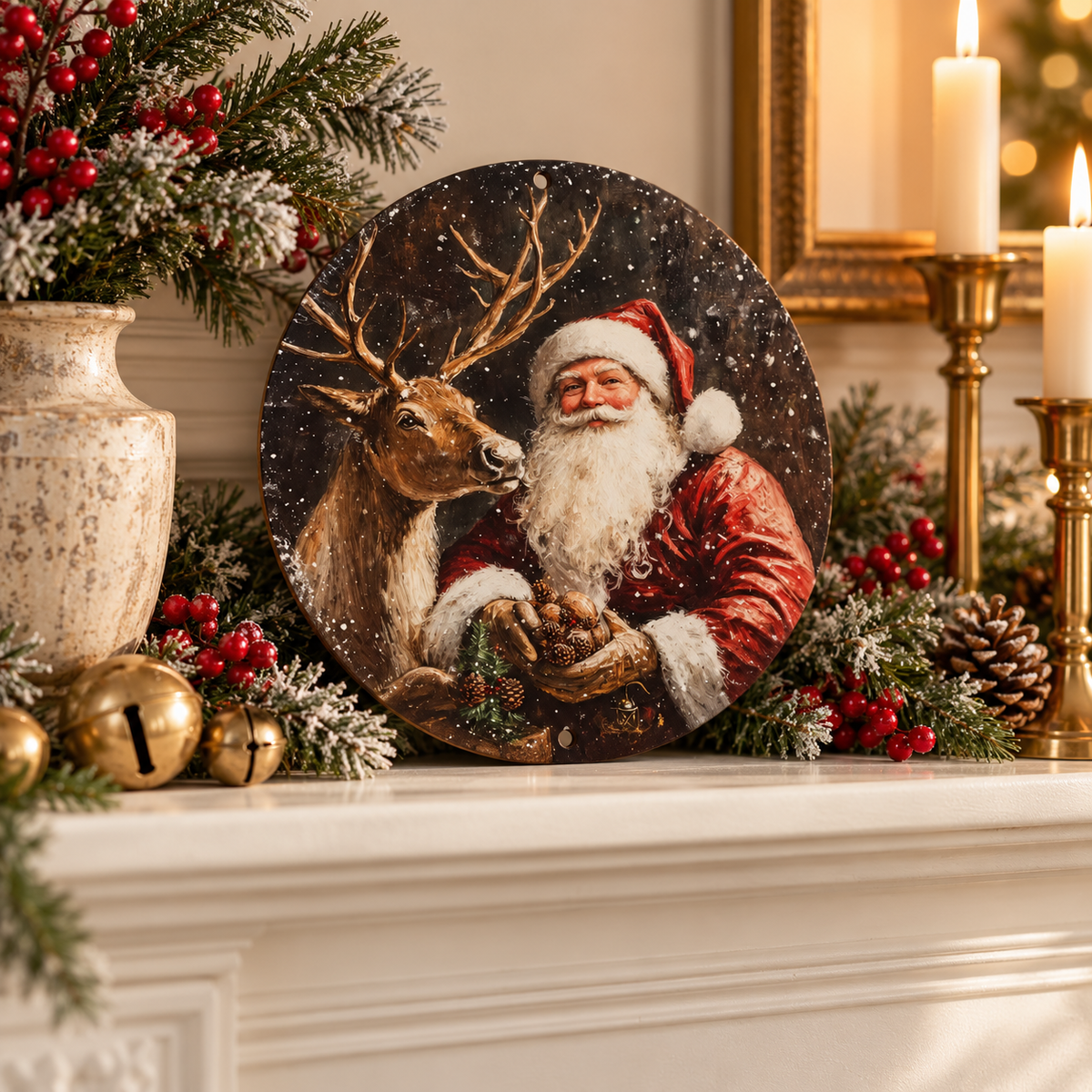 Santa and reindeer metal sign on a Christmas mantel with greenery and candlesticks