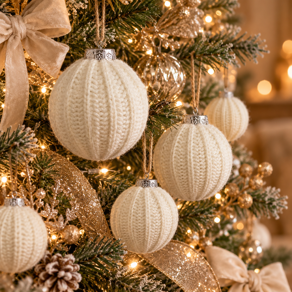 Cream knit Christmas ball ornaments hanging on a lit Christmas tree with gold ribbon and pinecones