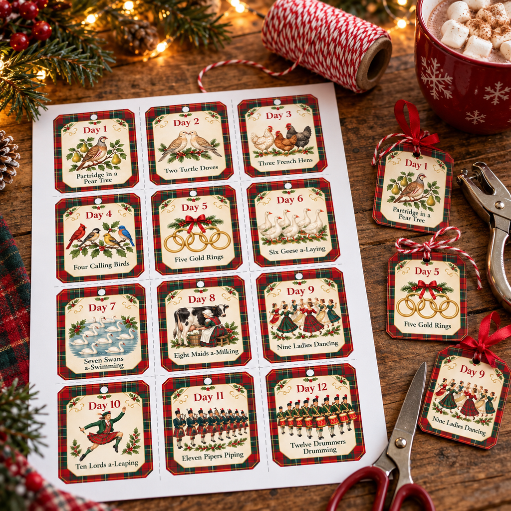Printed sheet of 12 Days of Christmas gift tags on cardstock with scissors, hole punch and baker's twine