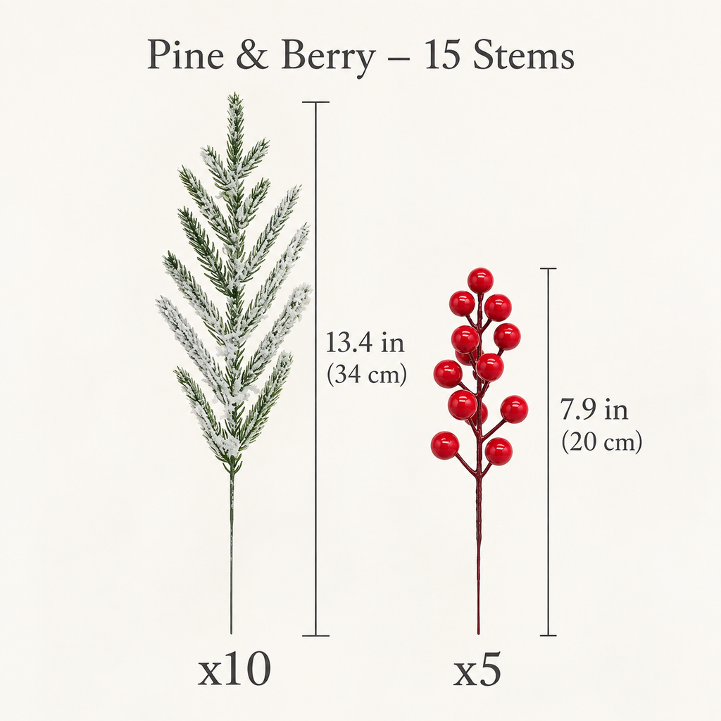Size chart: Pine and Berry set, 13.4 inch frosted pine stems x10 and 7.9 inch red berry stems x5