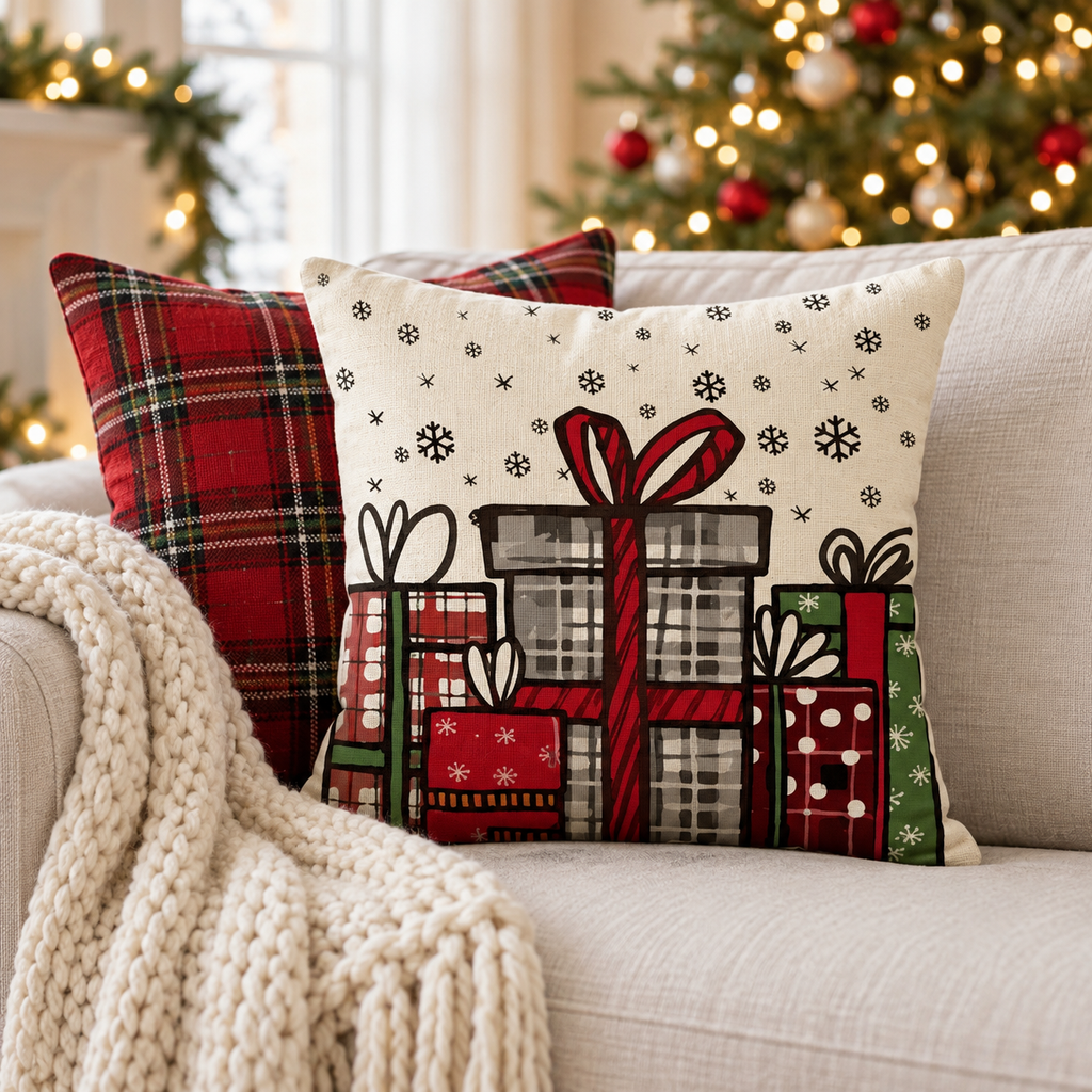 Christmas presents pillow cover with red, black and green plaid gifts on a cream sofa beside a red tartan pillow and cream knit throw, Christmas tree behind