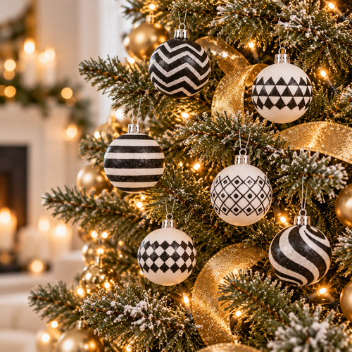 Close-up of black and white glitter Christmas ball ornaments hanging on a flocked pine branch with gold ribbon and warm lights