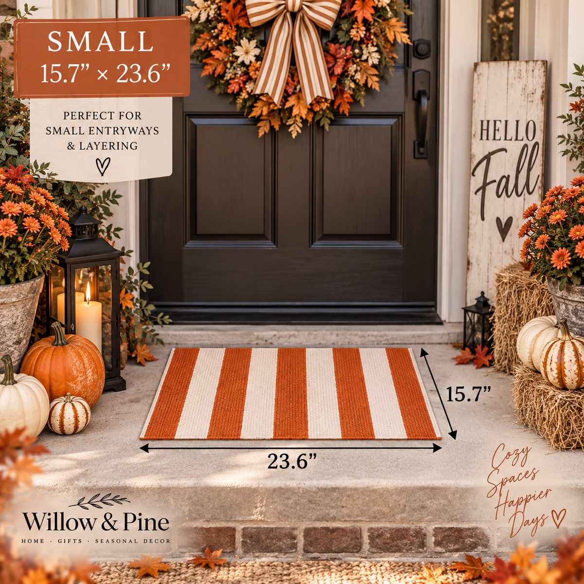 A small rectangular entryway doormat with alternating orange and off-white stripes, shown on a front porch in a fall-themed setting with pumpkins, flowers, a wreath, and a 'Hello Fall' sign. Text overlays indicate dimensions 15.