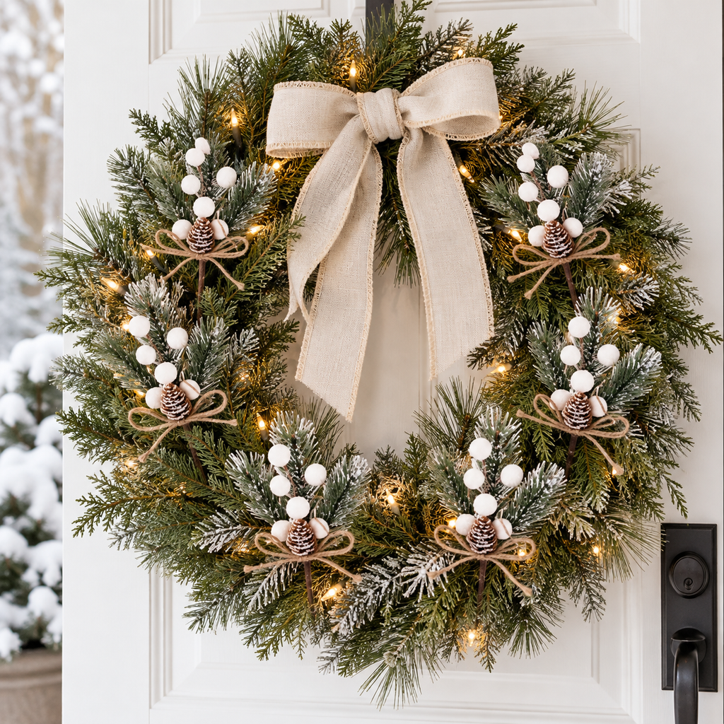 Pine wreath on a white door decorated with frosted pine picks with white berries