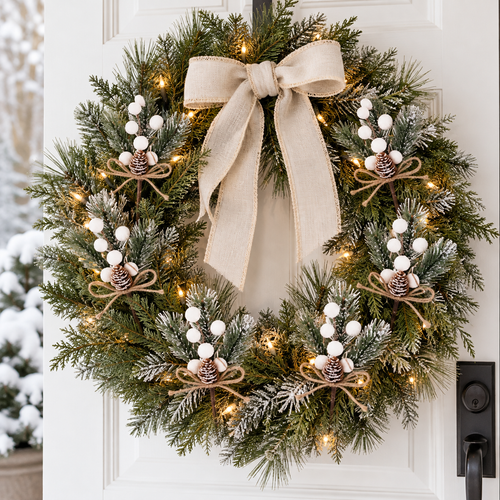 Pine wreath on a white door decorated with frosted pine picks with white berries