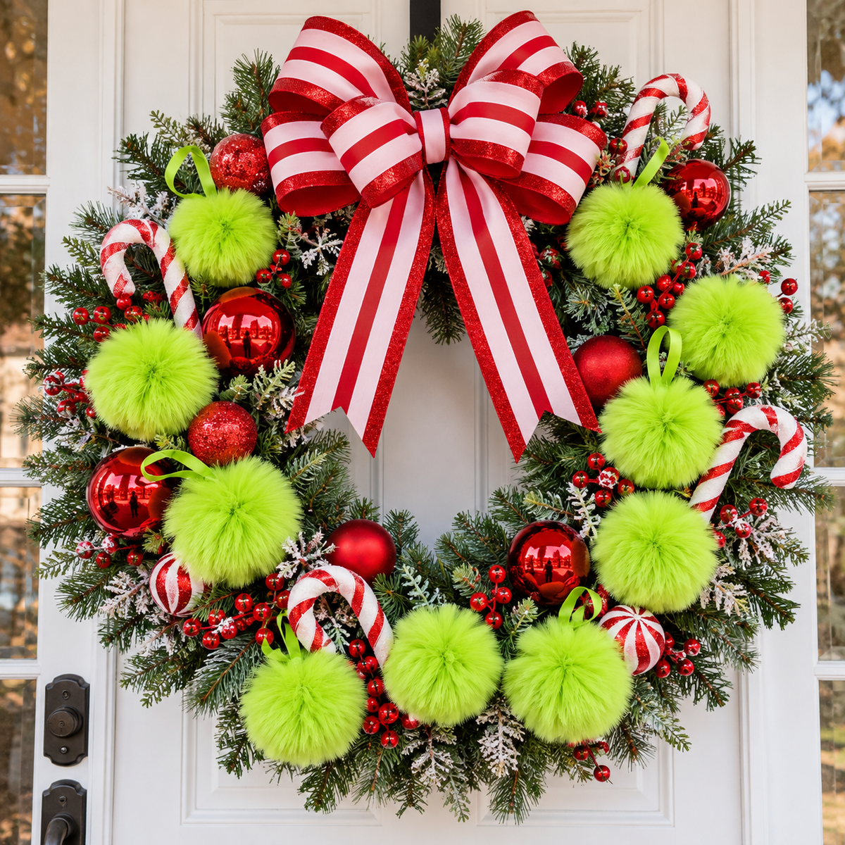 Front door Christmas wreath with fuzzy lime green pom-pom balls and a red and white striped bow