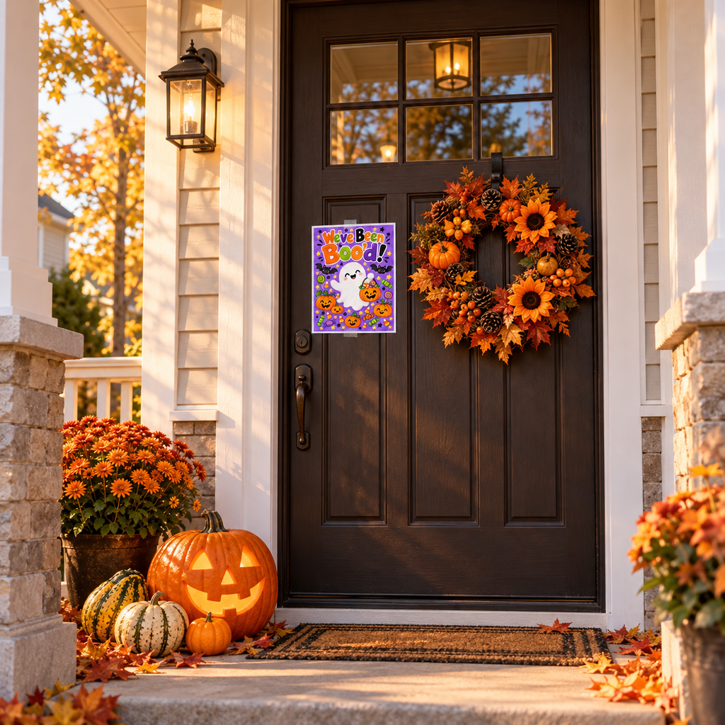 Printable We've Been Boo'd sign taped to a front door beside a fall wreath, with jack-o'-lanterns and mums on the porch
