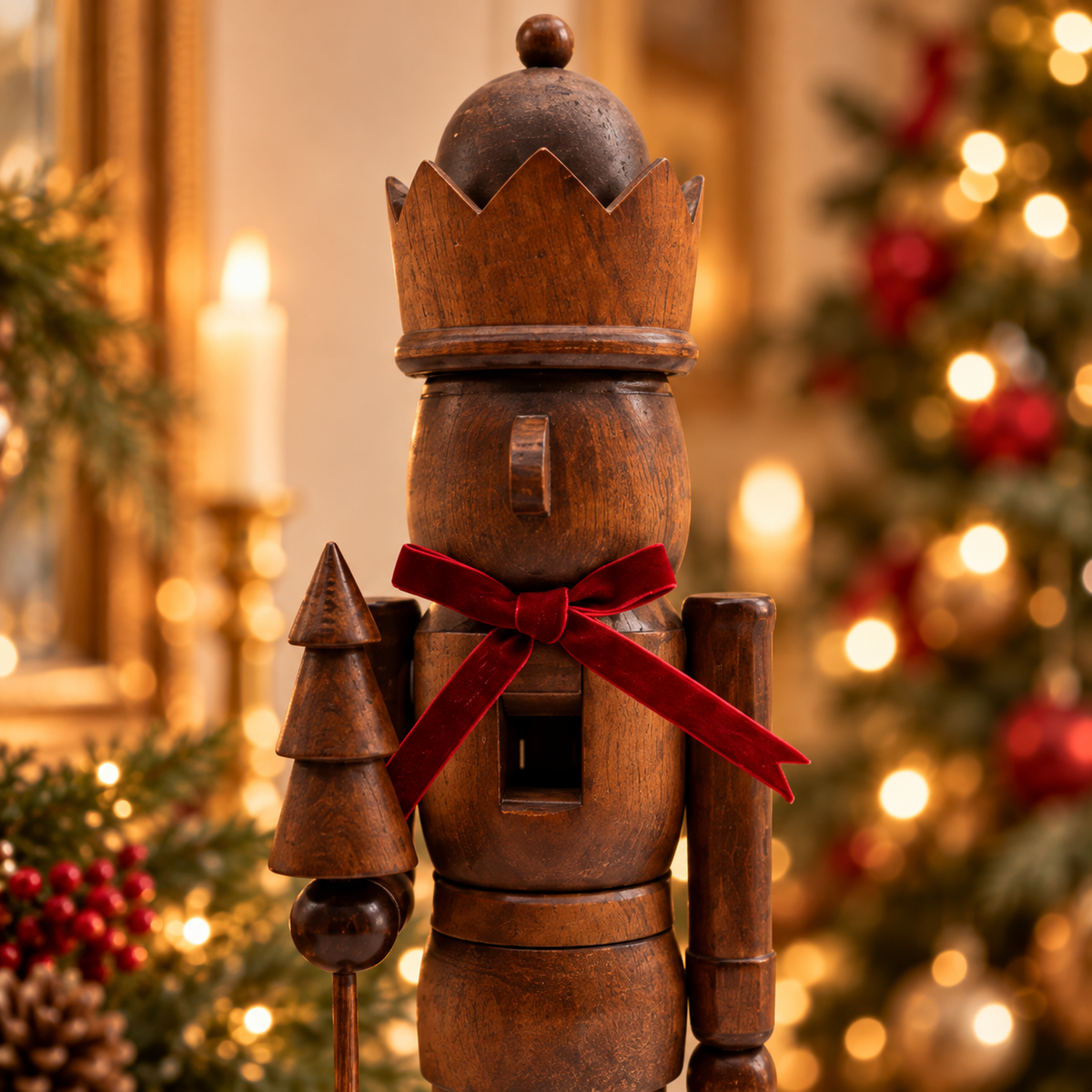 Close-up of rustic natural wood nutcracker with red velvet bow and Christmas tree lights