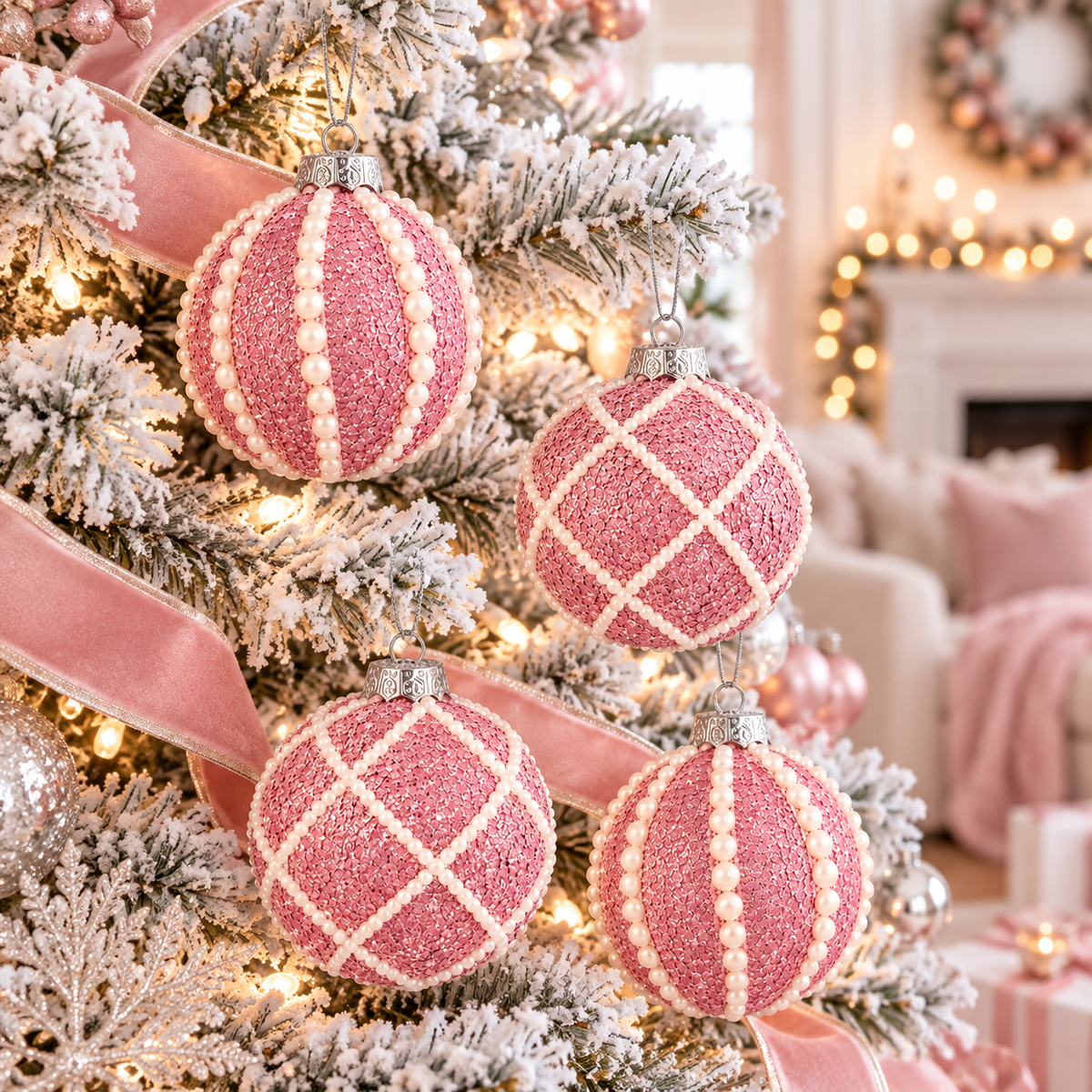 Pink glitter pearl ball ornaments hanging on a flocked pink and white Christmas tree