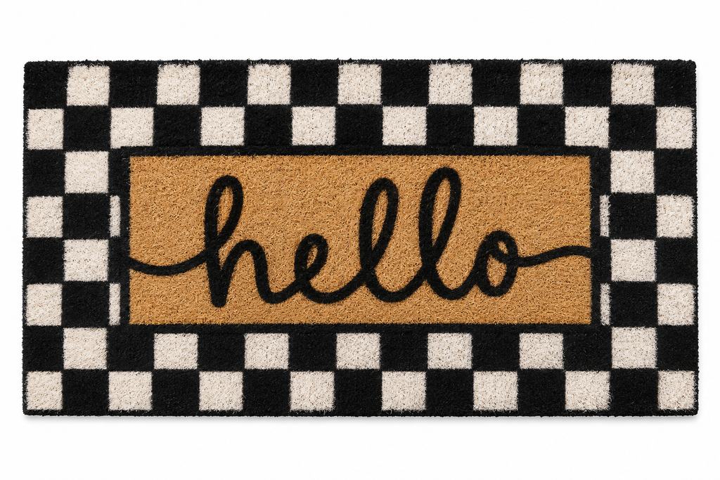 Black and white checkered doormat with cursive hello lettering
