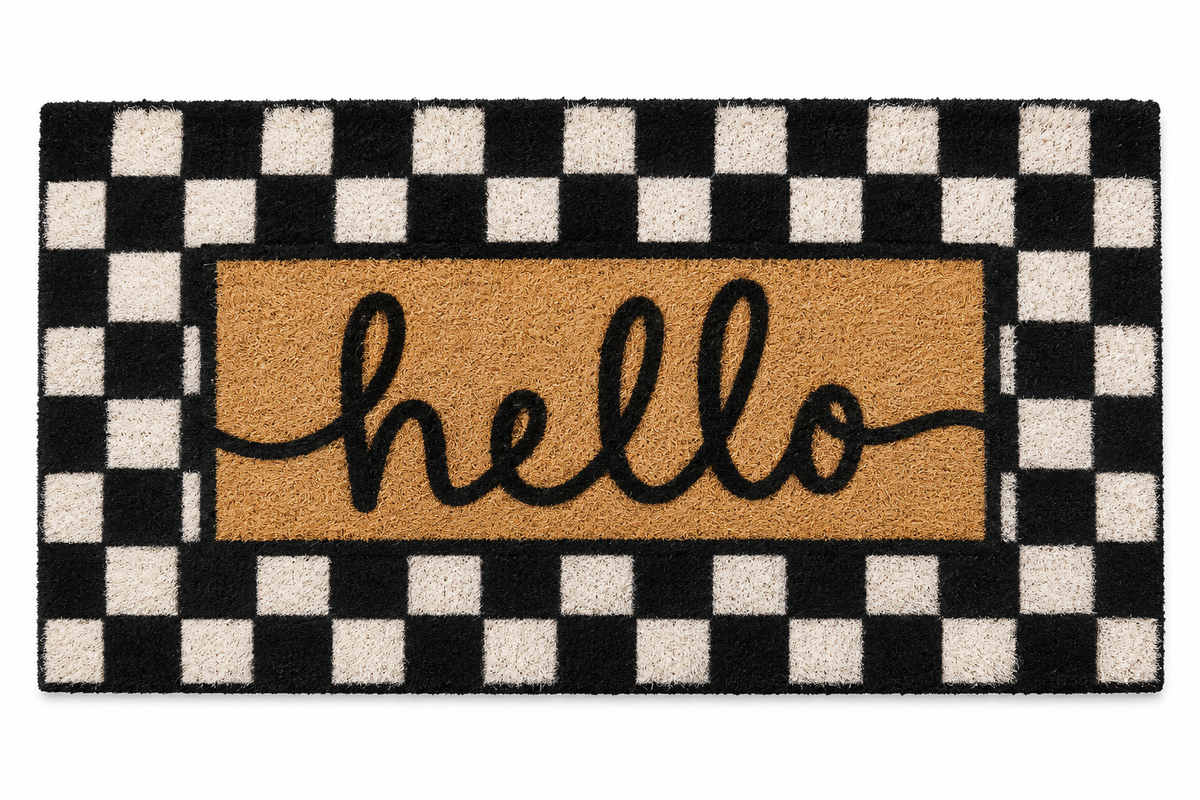 Black and white checkered doormat with cursive hello lettering