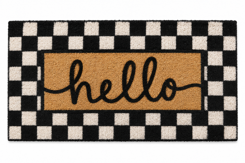 Black and white checkered doormat with cursive hello lettering