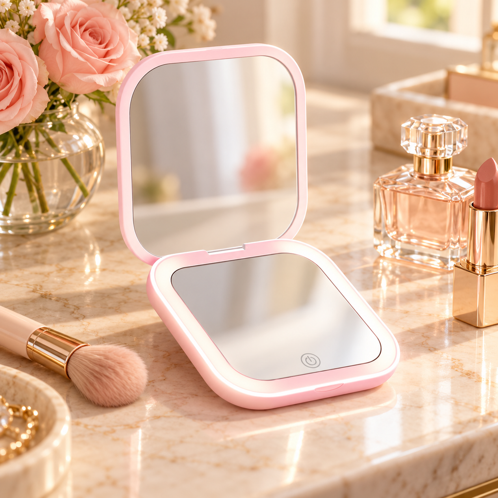 Pink LED compact mirror open and lit up on a marble vanity with pink roses, perfume and a makeup brush